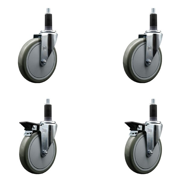 6'' Gray Poly Wheel Swivel 1-1/8'' Expanding Stem Caster Set 2 Brakes, 4PK